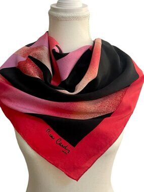 Pierre Cardin Paris Silk Scarf Pink Black Abstract Square Scarf Hand Rolled 33"